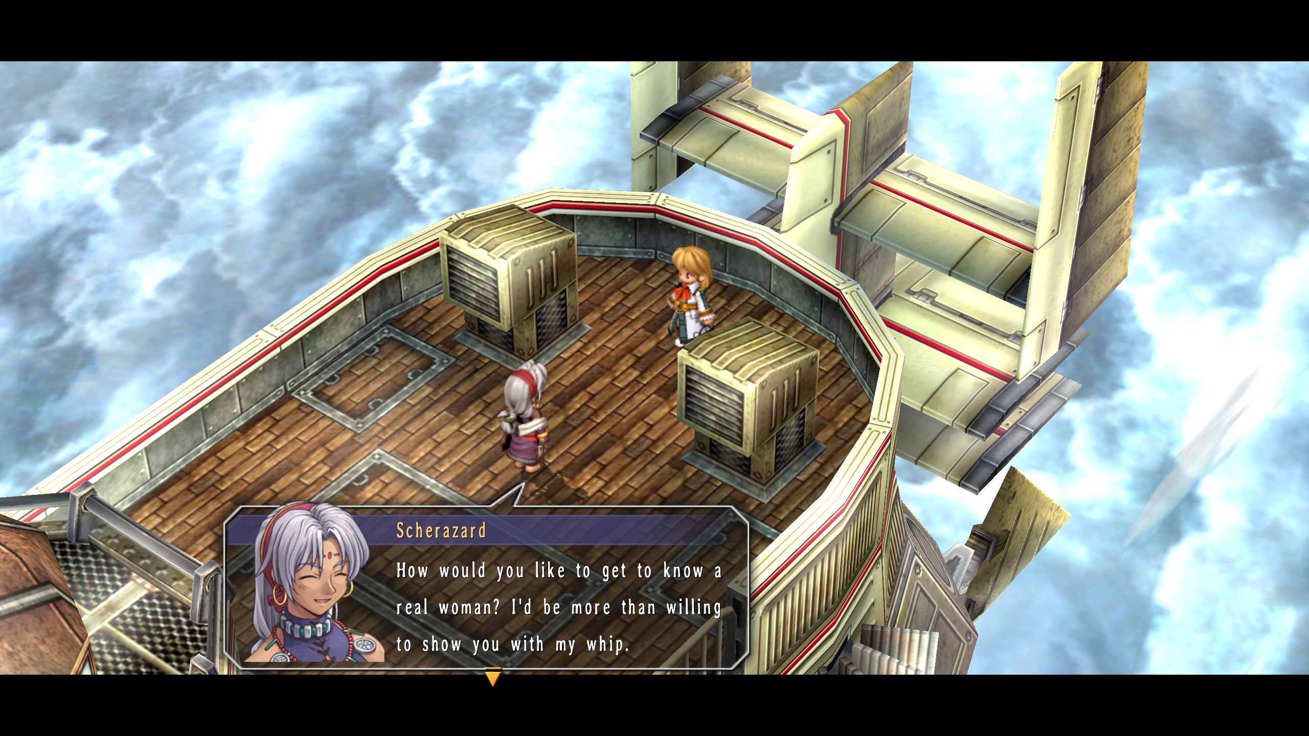 Screenshot of the original. Scherazard says: How would you like to get to know a real woman? I'd be more than willing to show you with my whip.