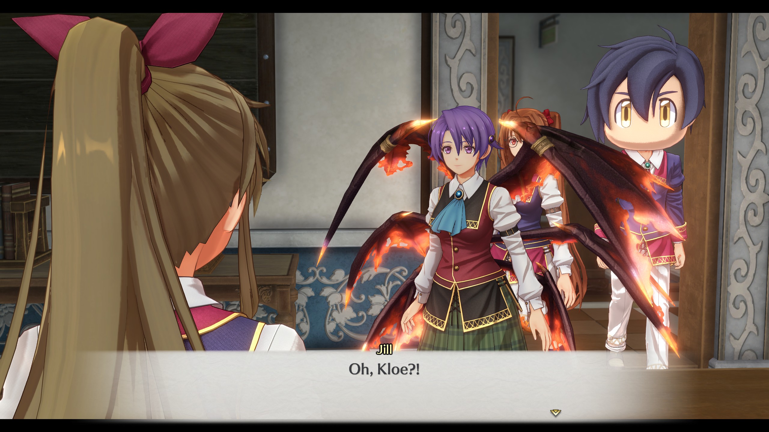 Joshua with a big mascot head cosmetic on behind Kloe with demon wings.