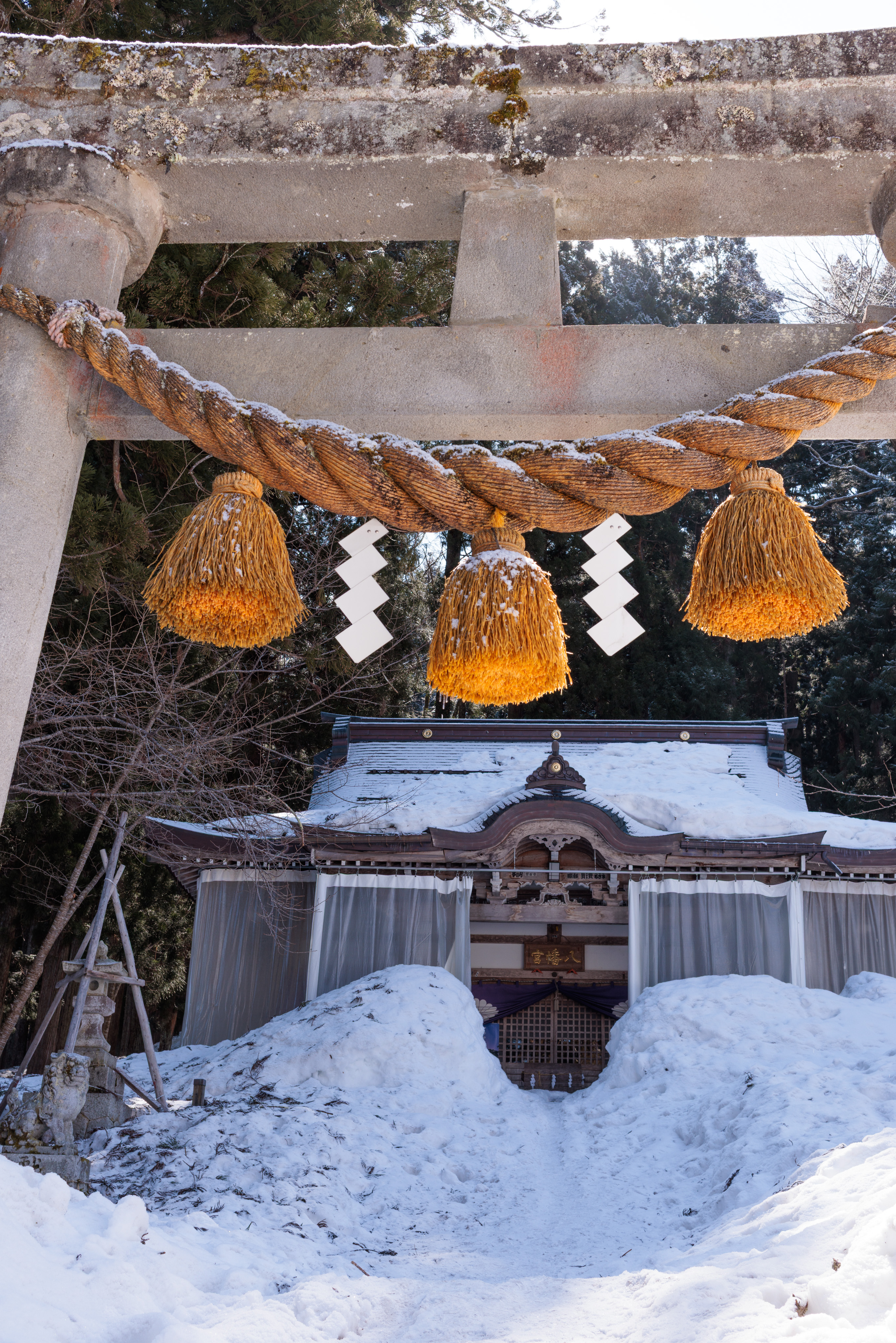 Shirakawa Hachiman shrine, the inspiration for Furude Shrine. It has been covered up by protective cutains