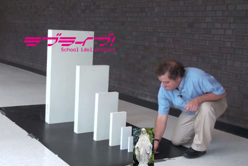 The domino effect meme, showing a statue of the Virgin Mary as the smallest domino and Love Live! as the largest domino